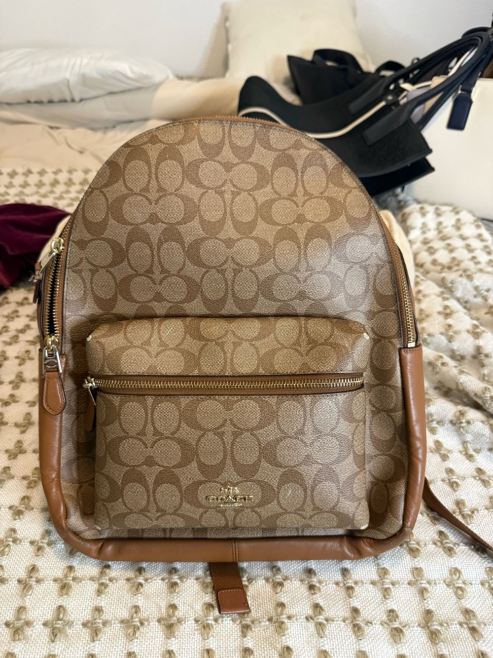 Coach Brown Canvas Backpack with Leather Trim